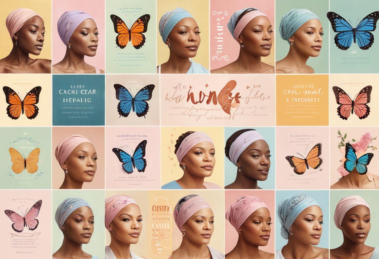 A collage of diverse cancer survivors, each portraying their unique journey, set against an uplifting background of soft pastel colors and nature elements symbolizing growth and healing. Include symbols of hope like butterflies and ribbons, along with inspiring quotes in elegant typography. The image should evoke warmth, resilience, and strength. super-realistic. vibrant colors. inspirational. soft focus.